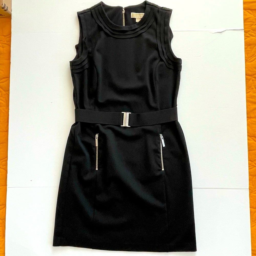 Michael Kors Sleeveless Belted Black Sheath Dress with Zipper Pockets